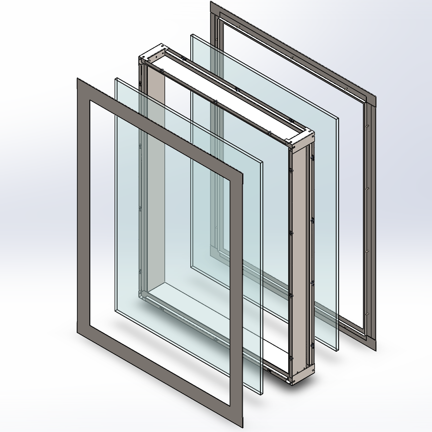 Framed double glazed flush mount cleanroom window exploded view diagram