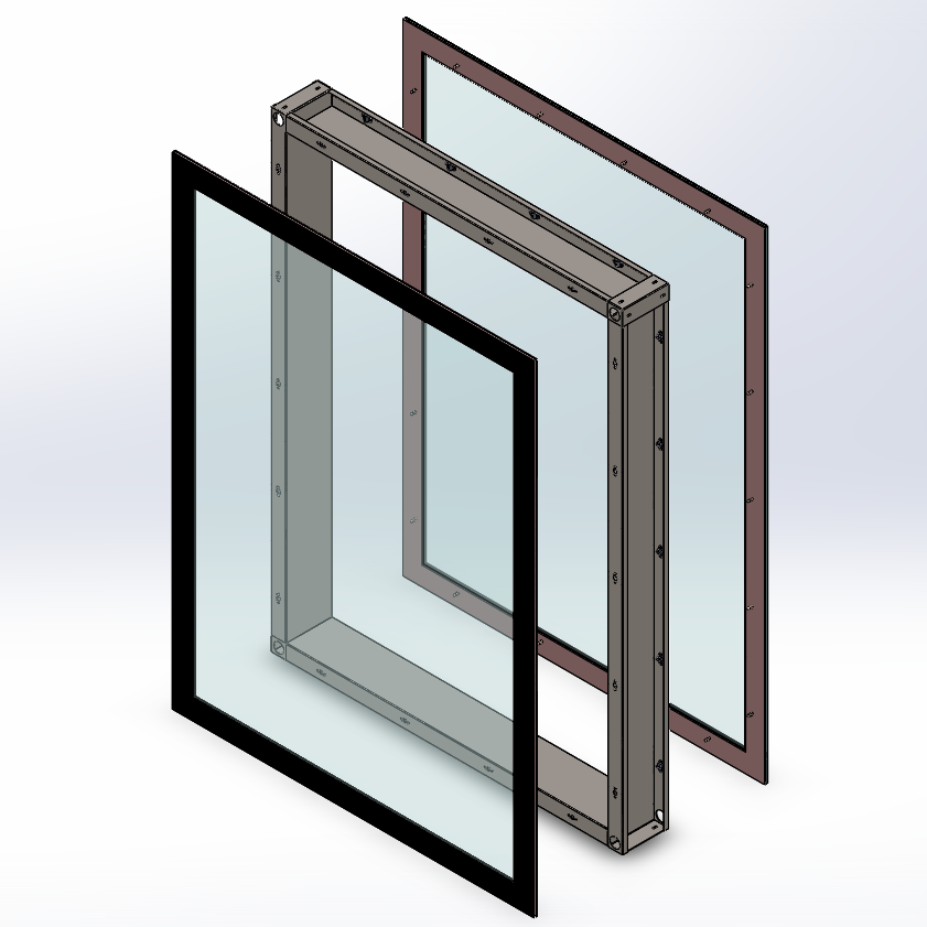 Frameless double glazed flush mount cleanroom window exploded view diagram