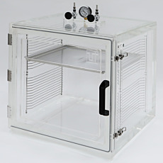 Clear acrylic vacuum desiccator cabinet with interior shelving