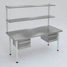 Cleanroom workstation with cantilever shelves and stainless steel drawers