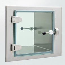 Photo of a stainless steel laboratory pass-through featuring a frameless glass door