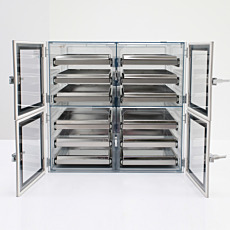 Semiconductor desiccator cabinet with faraday cage design and sliding trays