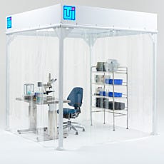 Softwall Cleanroom Enclosure with Microscope Workstation Chair and Stainless Steel Storage Shelves