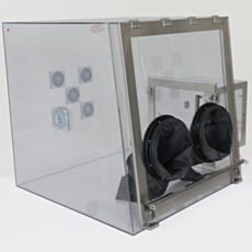 Custom polycarbonate glovebox with tilt-up window and electrical wire feedthroughs