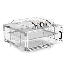 Render of an acrylic vacuum chamber with front swinging door and a removable steel shelf