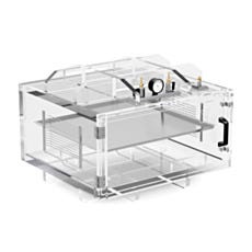 Render of an acrylic vacuum desiccator with racks and an adjustable, removable steel shelf