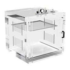 Render of a transparent acrylic vacuum chamber with vacuum connections and a steel shelf