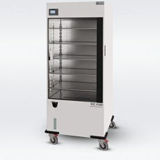 a large storage cabinet with transparent door displaying 5 shelves for use storing sterile items