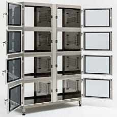 8 Chamber Stainless Steel Adjust-a-Shelf Desiccator shown with doors open