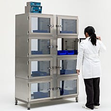 8 Chamber Stainless Steel Adjust-a-Shelf Desiccator with DualPurge/NitroWatch Controller, built-in stand props, and model
