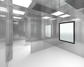 Render of the interior of a stainless steel biosafe wall panel compounding cleanroom