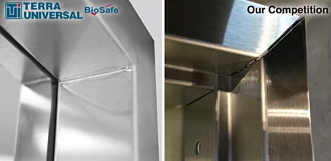 Comparison of Terra Universal's BioSafe welded seams on door frames