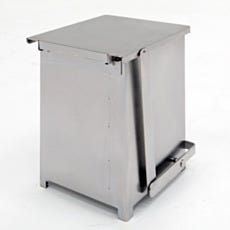 back view of electropolished stainless steel hands-free step can with soft-close pneumatic lid