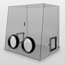 Image of a tall polycarbonate plastic glovebox with two port holes and removable back
