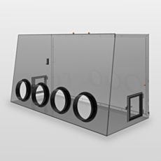 Image of a tall double polycarbonate laboratory glovebox with removable back panel