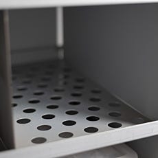 Perforated steel shelves