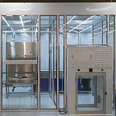 10ft high modular cleanroom with floor-mounted air shower passthrough chamber