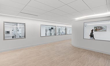 outside view of biomedical cleanroom with windows to showcase innovative research and development work