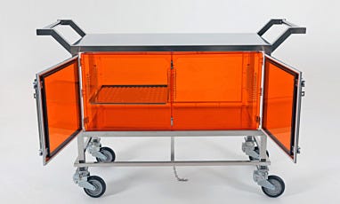 desiccator cart with fully welded stainless steel frame and built-in amber acrylic desiccator cabinet