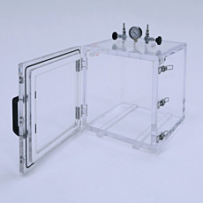 Plexiglass benchtop vacuum chamber with front swinging lid