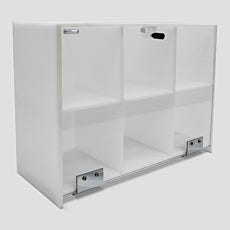 Small parts organizer in acrylic with 6 compartments and hinged shield