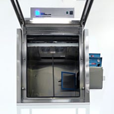 Interior view of refrigerated stainless steel glove box