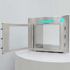 Electronic cleanroom pass-thru with continuous-seam welds for cGMP facilities