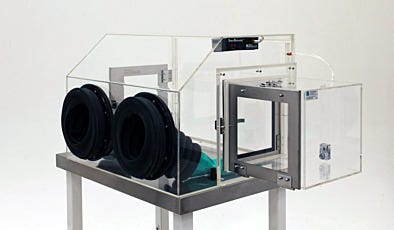 Lexan polylcarbonate nitrogen glove box isolator for pharmaceutical packaging