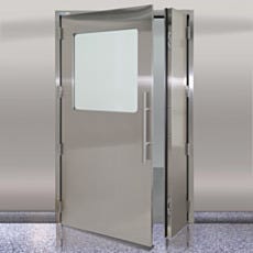 Custom BioSafe CleanSeam cleanroom stainless steel door with partial view window, inactive leaf and a ladder pull handle