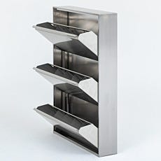 Stainless steel cleanroom shoe rack with three open tilt-out compartments