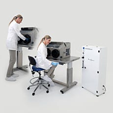 stainless steel glovebox on automatic height adjusting table with N2 generator