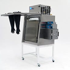 stainless steel refrigerated glove box with full-view tilt-up window