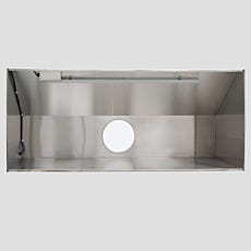 Underneath view of 304 stainless steel canopy fume hood with LED strip lighting