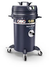 wheeled vacuum cleaner with hazardous waste label