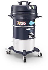 wheeled vacuum cleaner with hazardous waste label