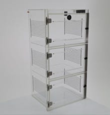 Acrylic desiccator cabinet with 3 chambers and adjustable shelving