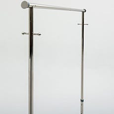 Close-up of adjustable stainless steel garment rack frame with cleanroom-safe side hooks