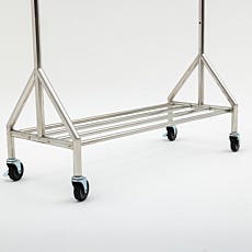 Close-up of stainless steel garment rack base with triangular support and integrated shelf