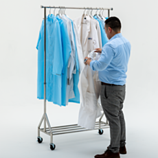 Mobile stainless steel garment rack with cleanroom-safe
