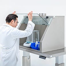 benchtop stainless steel ducted hood with glass sash