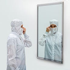 framed biosafe cleanroom mirror in use with model in bunnysuit