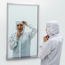 framed biosafe cleanroom mirror in use with model in bunnysuit