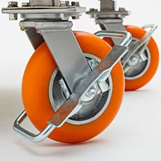 close up of custom casters attached to cleanroom cart