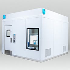 BioSafe modular cleanroom with lab equipment visible through window
