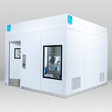 BioSafe cleanroom with two researchers visible through windows