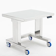 Stainless steel work station with bull-nose rounded table top and blue leveling feet