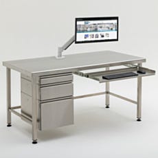 workstation with monitor, drawers, and keyboard tray