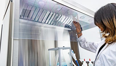 BioSafe universal canopy fume hood hinged access shield detail