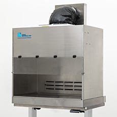 biosafe universal recirculating vertical laminar flow hood sitting on table