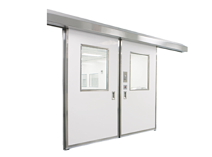 Single sliding cleanroom door with fiberglass panel and stainless steel hardware